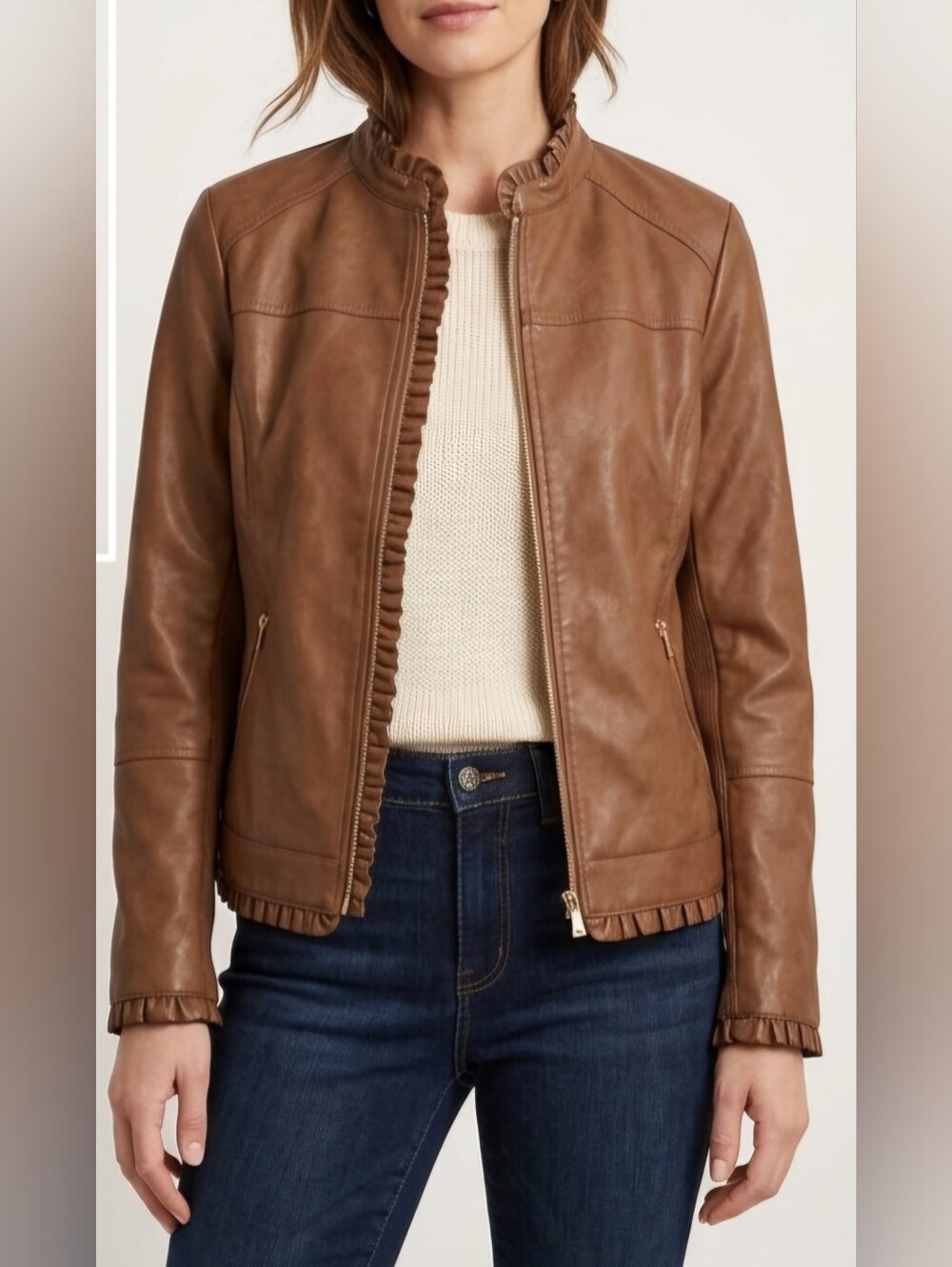 Chico's Women's Brown Leather Zip-Front Jacket Sz 1 or Small
